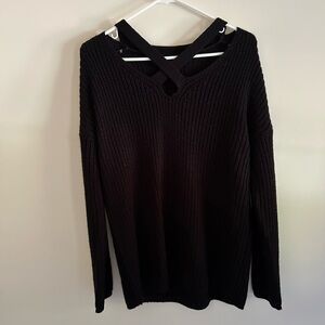 “Questions” Black Knit Sweater with  cross front size M